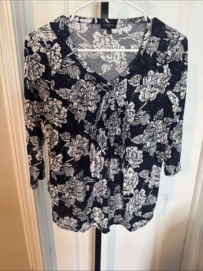 Talbots Black and White Floral Tie-Front Blouse